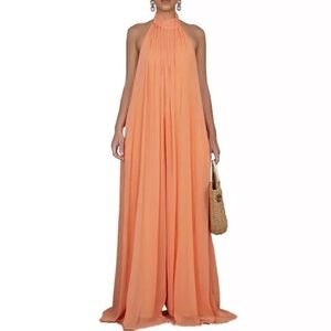 Sleeveless Open Back Halter Jumpsuit Long Wide Leg Romper in Melon